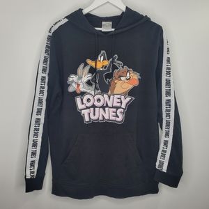 Looney Tunes What's Up Doc Big Logo Graphic Hoodie Stripe Sleeves Black